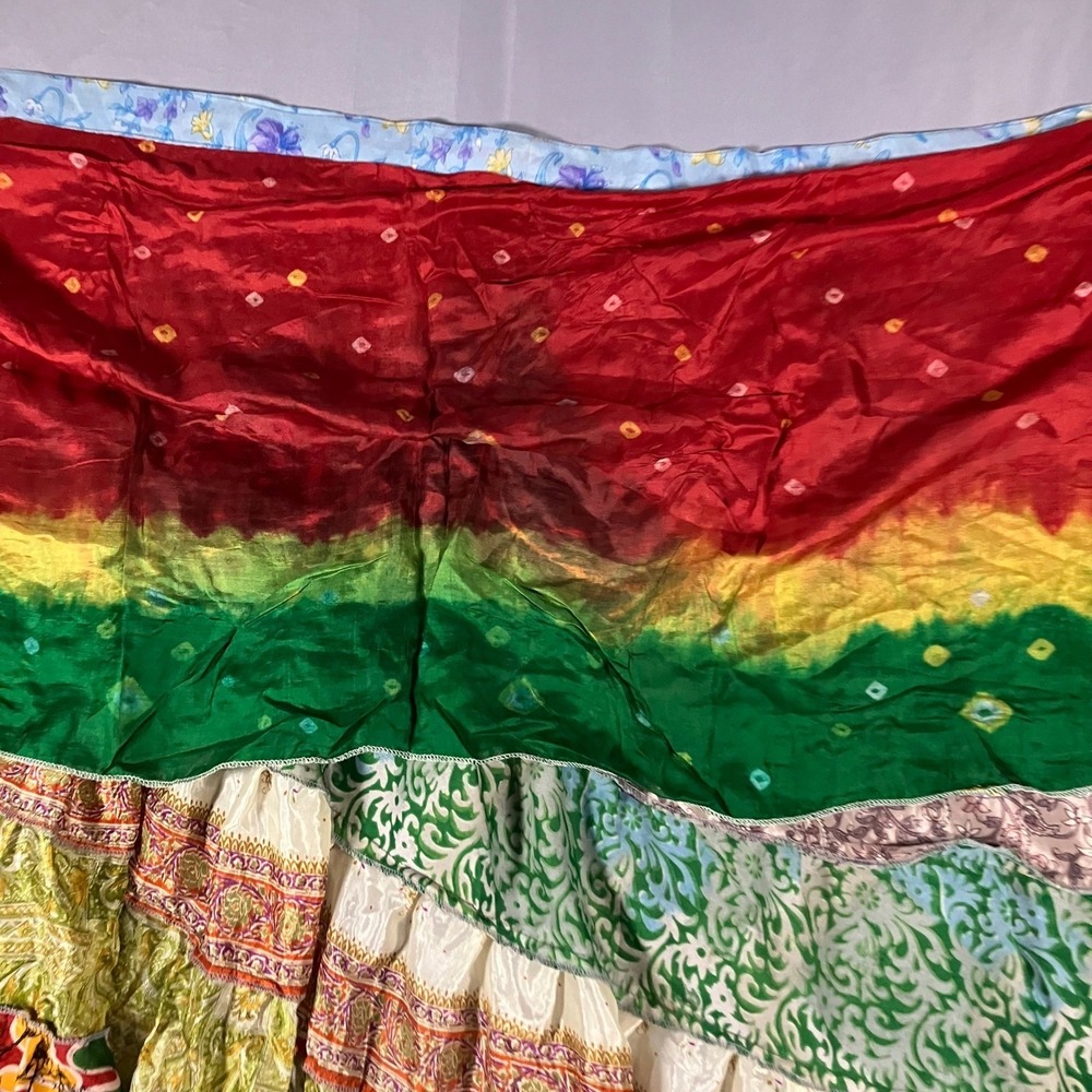 Bohemian Silk Wrap Skirt Rainbow Tie Dye Tiered Ruffled Made in Nepal - Picture 11 of 14